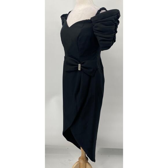 Vintage 80s Off Shoulder Puff Sleeve Bow Waist Tulip Hem Midi Maxi Dress Black 8 - Picture 3 of 10